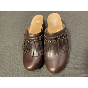 Dansko Brown Deni Heeled Clog Mules Fringe‎ Slip On 40/9-9.5